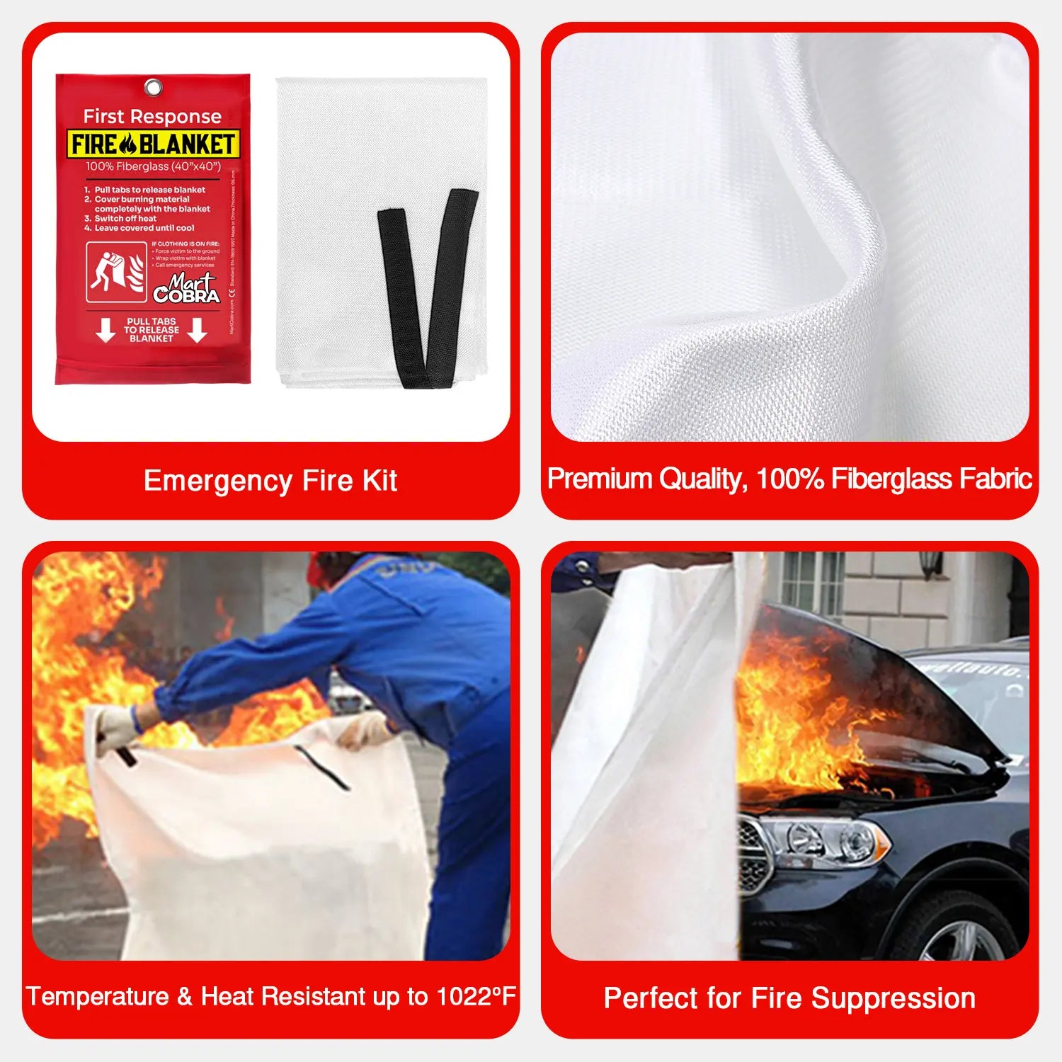 Mart Cobra 2-Pack Fire Blankets for Home Safety - Compact, Easy-to-Use, 40"x40" - Essential Emergency Gear