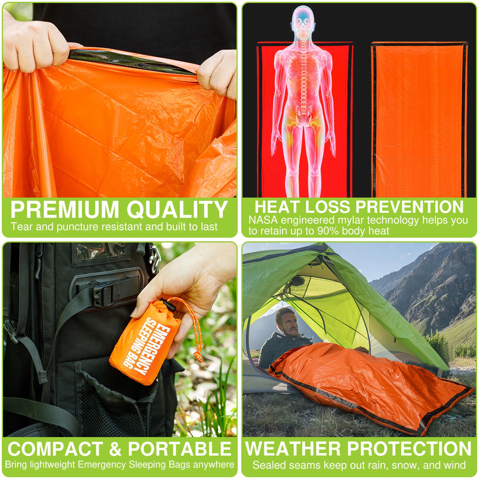 Mart Cobra Survival Set: 3-Pack Ultra-Light Emergency Sleeping Bags - 84" x 36" - Compact, Thermal Insulated